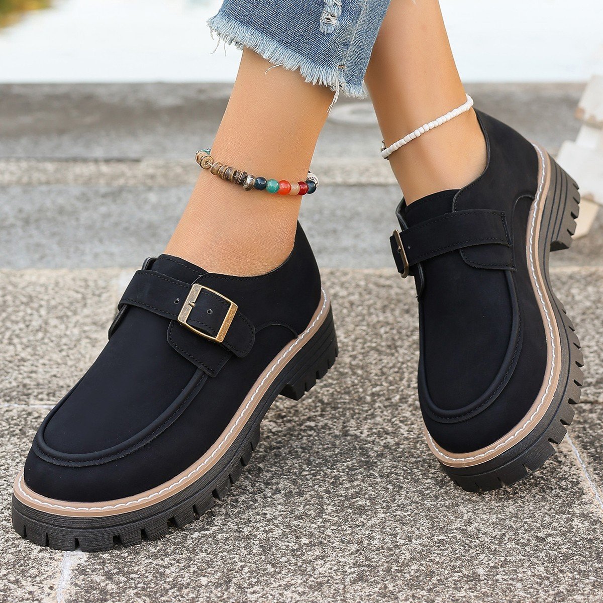Women's Buckle Loafers for Autumn in PU with Thick Sole and Round Toe - Black