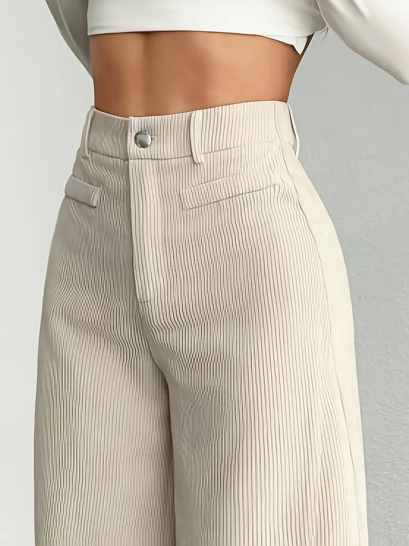 Women's Corduroy Pants with High Waist and Wide Leg - Apricot