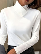 Solid Color Neck T-Shirt, Women'S High Neck Sweater, Long Sleeve