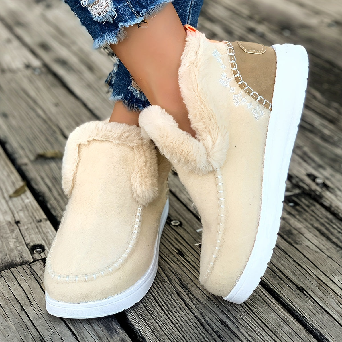 Damen-Winterstiefeletten aus Fleece, warme Schneestiefel mit rutschfester Sohle