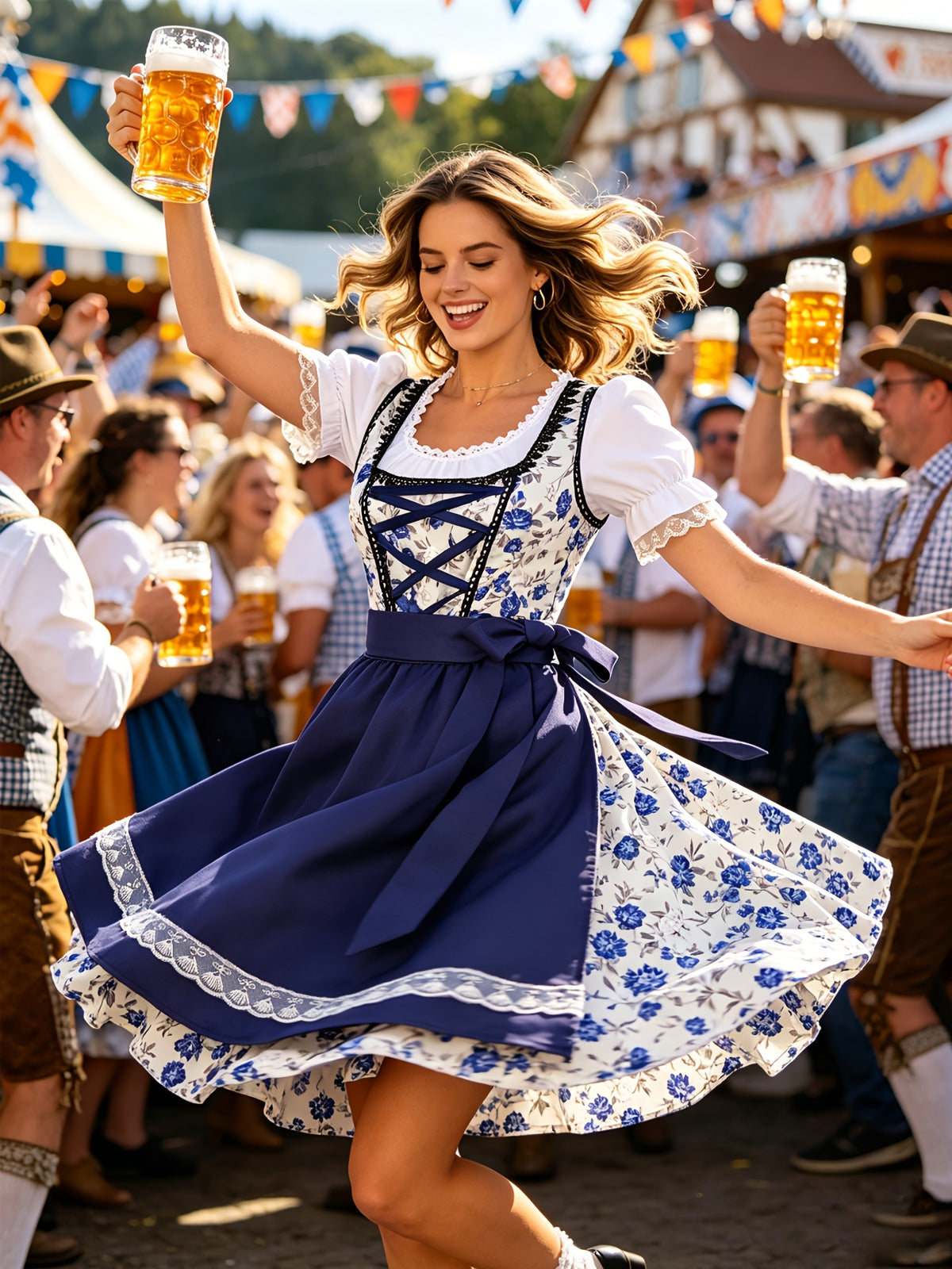 Dirndl Set Damen Oktoberfest Trachtenkleid | Bayerisches Dirndl mit Blumenmuster | Dirndl Set, Wiesn Kleid, festlich