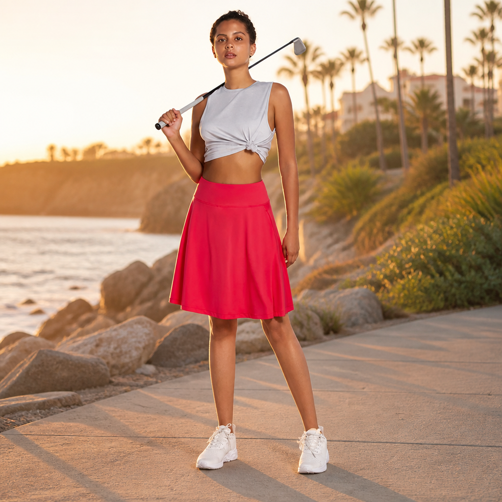 Damen Sommer-Skort mit UPF50+, hoher Taille, Faltenrock, integriertem Futter und Taschen | Freizeit-Sportrock