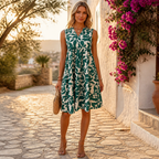 Damen Sommerkleid, A-Linie, Blumenmuster, V-Ausschnitt, ärmellos | Lässiges Strandkleid