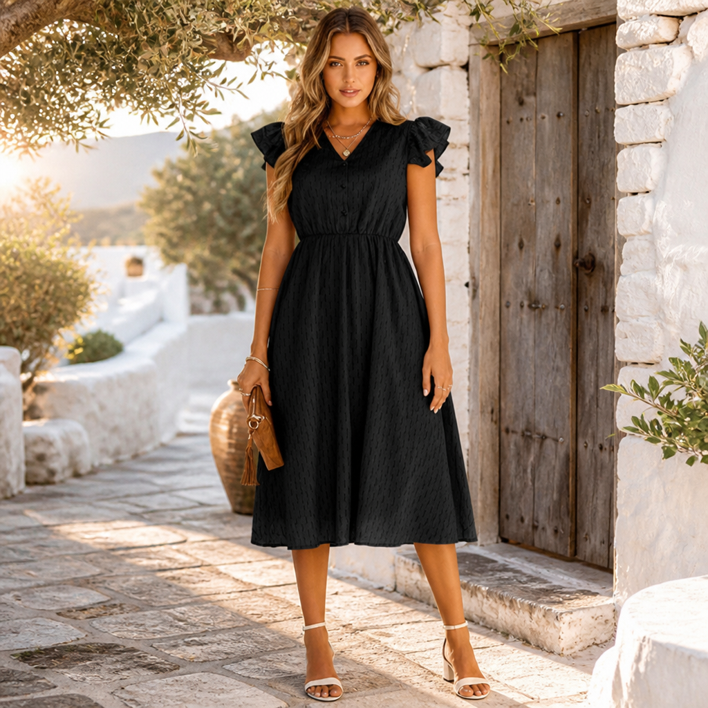 Elegant Women's Midi Dress with Ruffled Sleeves, V-Neck | Casual Chic