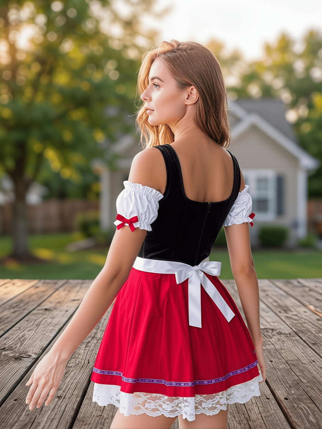 Carmen-Dirndl Kurzer Rock Schwarz Rot Kontrast-Schnürschürze