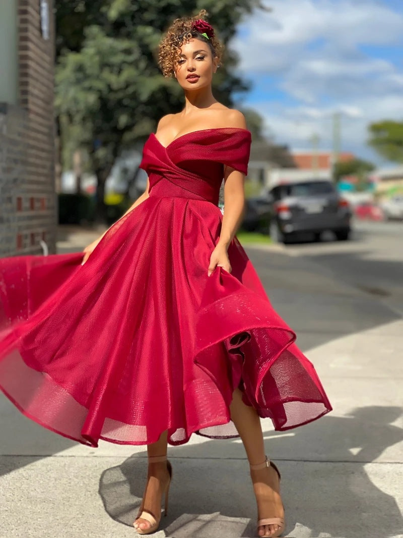 Women's Off-Shoulder Backless Party Dress with Raglan Sleeves - Red