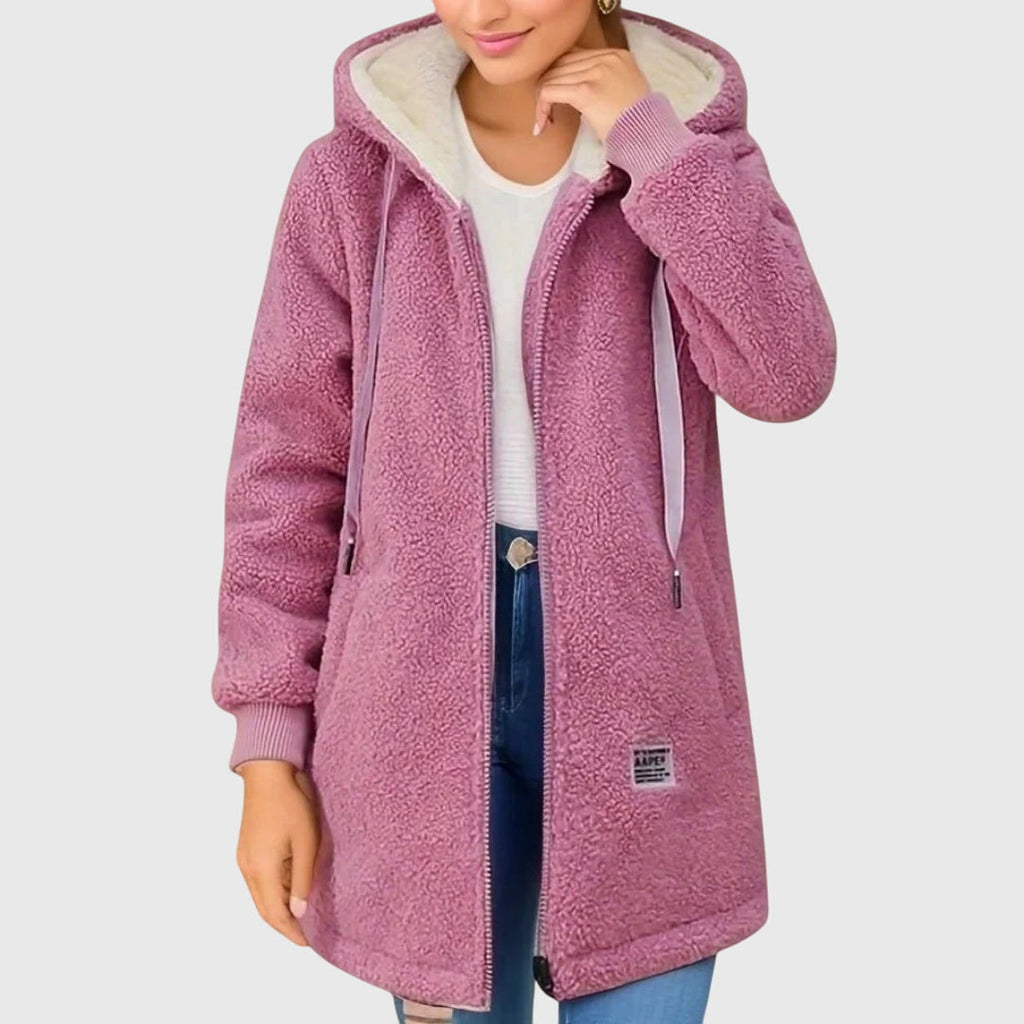 Women's Winter Fleece Jacket with Hood and Front Zipper - Pink