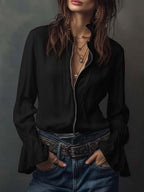 Women's Blouse with Zipper, Convertible Neckline and Ruffle Cuffs - Black