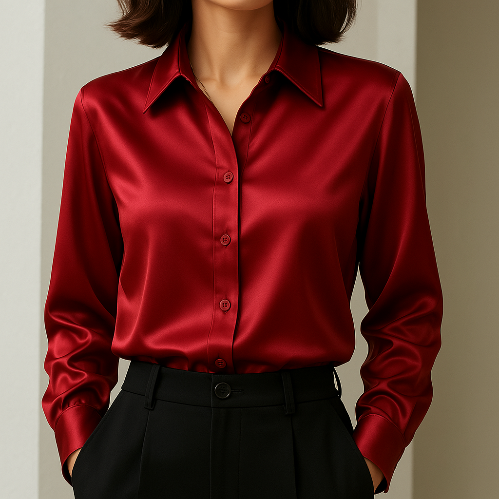 Women's Satin Blouse with Button Placket and Cuffed Sleeves - Red