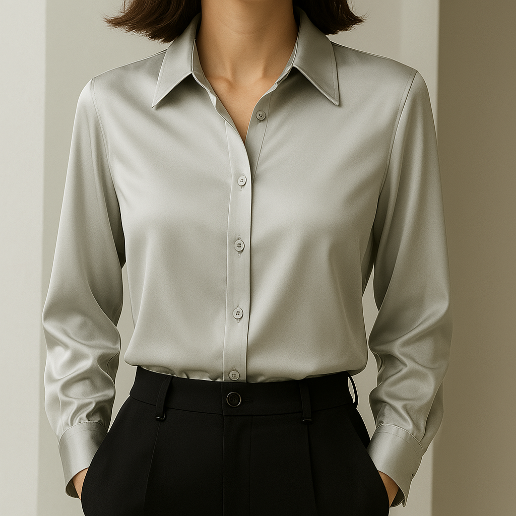 Women's Satin Blouse with Button Placket and Cuffed Sleeves - Gray