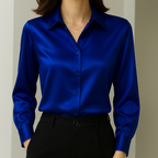 Women's Satin Blouse with Button Placket and Cuffed Sleeves - Navy