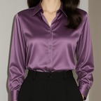 Women's Satin Blouse with Button Placket and Cuffed Sleeves - Lavender