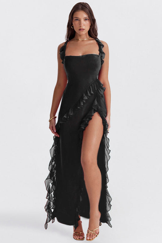 Women's Summer Ruffle Dress, Long with Front Slit, Floor-Length - Black