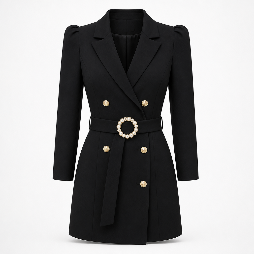 Women's Navy Dress with Double-Breasted Fastening Midi Dress - Curvay