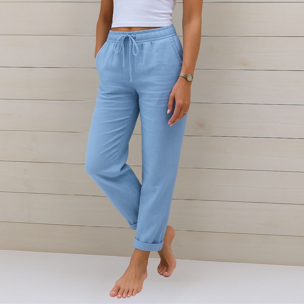 Women's Stretch Pants with Elastic Waistband and Relaxed Fit - Light Blue