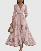 Women's V-Neck Long-Sleeve Pleated Floral Maxi Dress with Ribbon Tie Waist