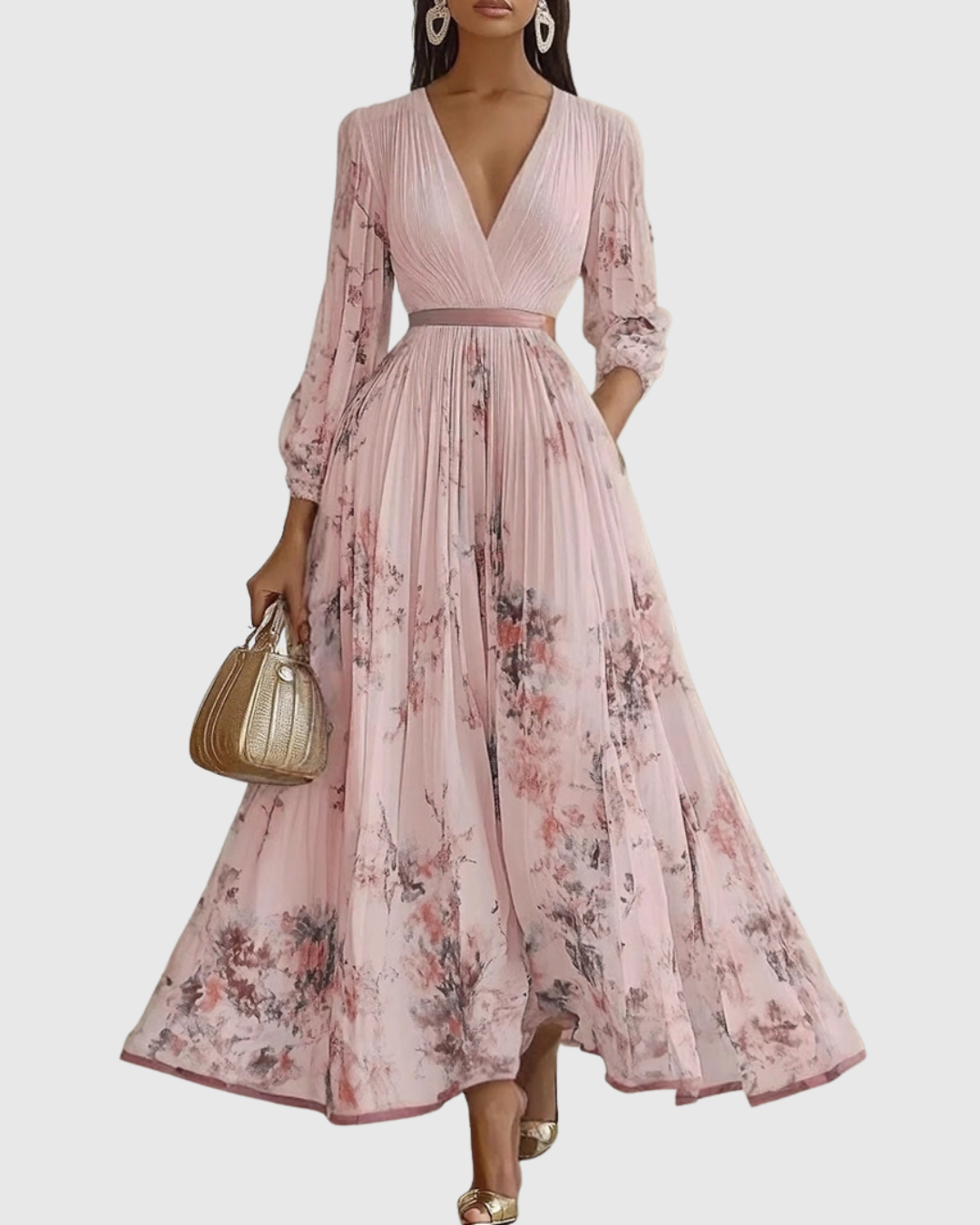 Women's V-Neck Long-Sleeve Pleated Floral Maxi Dress with Ribbon Tie Waist