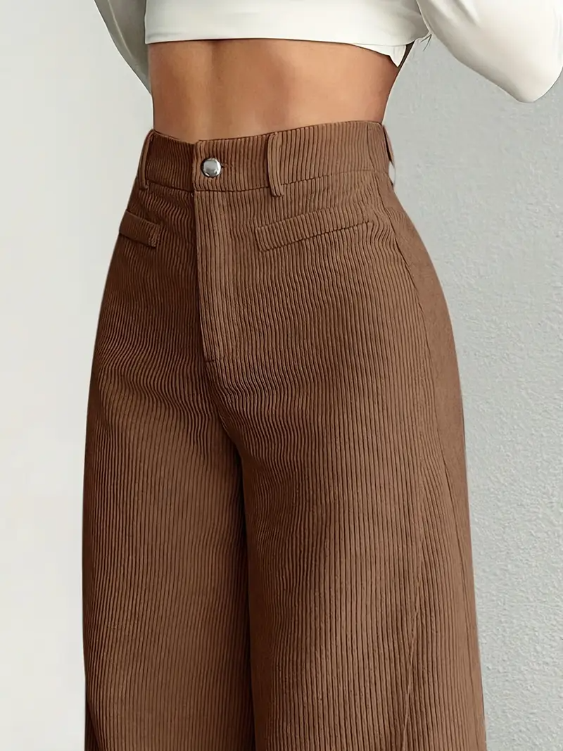 Women's Corduroy Pants with High Waist and Wide Leg - Brown