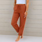 Women's Stretch Pants with Elastic Waistband and Relaxed Fit - Brown