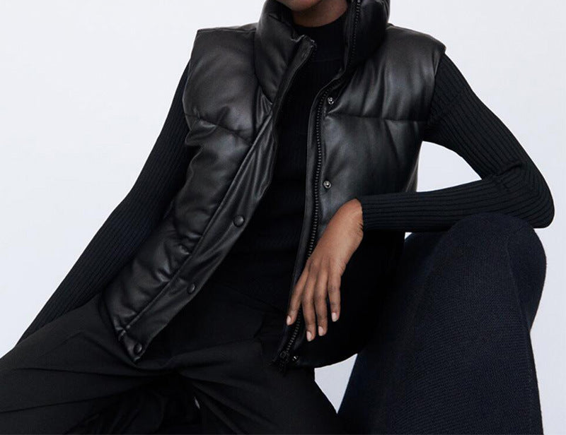 Women's Short Faux Leather Padded Vest
