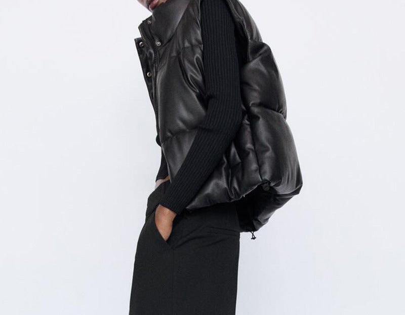 Women's Short Faux Leather Padded Vest
