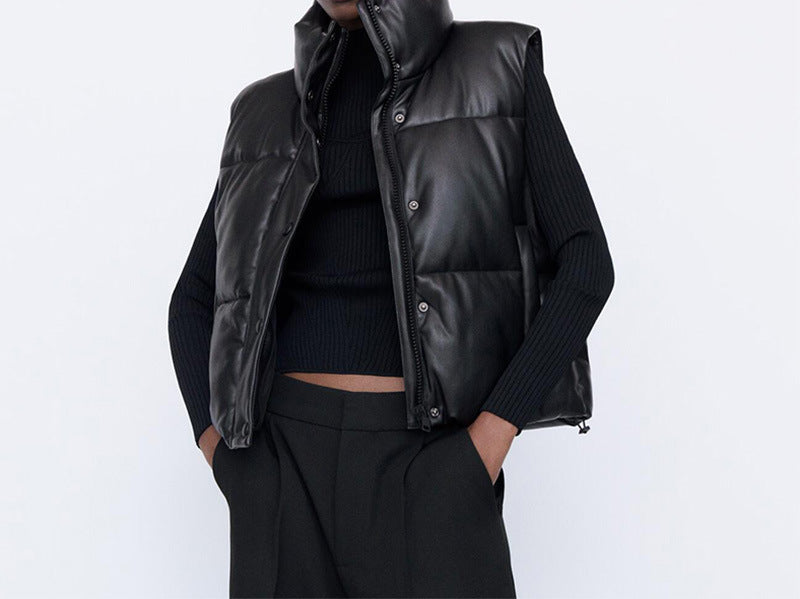 Women's Short Faux Leather Padded Vest