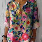 Women's V-Neck T-Shirt with Color-Block Print and 3/4 Sleeves – For Autumn - Pink