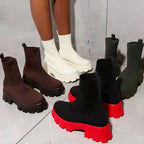Damen Stiefel mit dicker Sohle, gestrickte Schuhe mit runder Zehenpartie, Freizeitschuhe