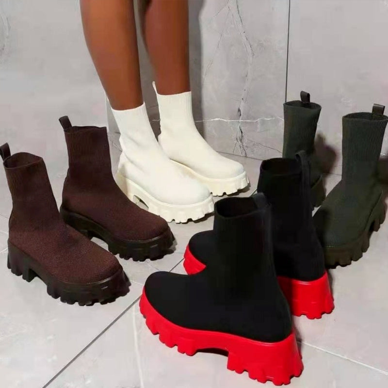 Damen Stiefel mit dicker Sohle, gestrickte Schuhe mit runder Zehenpartie, Freizeitschuhe