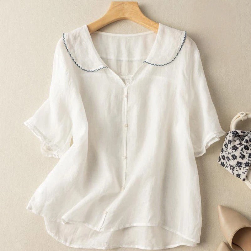 Women's Short-Sleeve Blouse with Wave Collar and Relaxed Fit - White