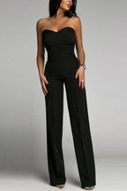 Women's Summer Jumpsuit, Off-Shoulder, Sleeveless, Figure-Hugging, Solid Color - Black