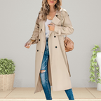 Women's Spring Trench Coat, Double-Breasted, Mid-Length - Khaki