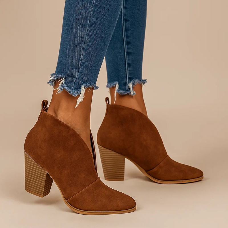 Women's Ankle Boots with V-Cut Silhouette, Block Heel and Slip-On Design - Chestnut Brown