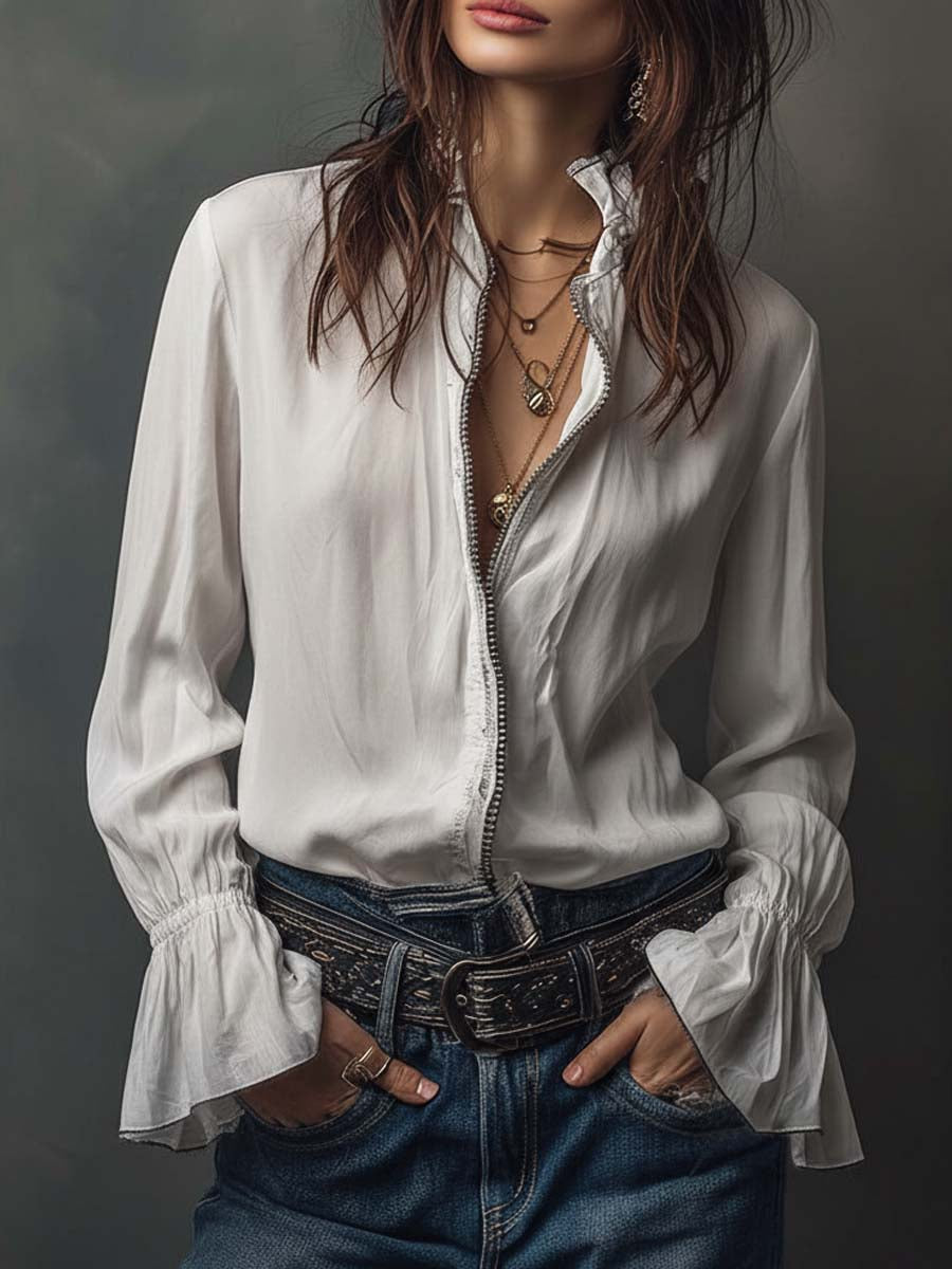 Women's Blouse with Zipper, Convertible Neckline and Ruffle Cuffs - White