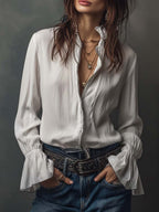 Women's Blouse with Zipper, Convertible Neckline and Ruffle Cuffs - White