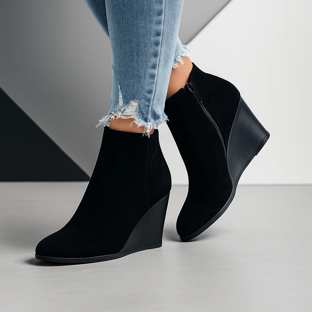 Women's Ankle Boots, Wedge Heel, Side Zipper - Onyx Black