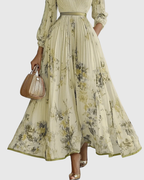 Women's V-Neck Long-Sleeve Pleated Floral Maxi Dress with Ribbon Tie Waist