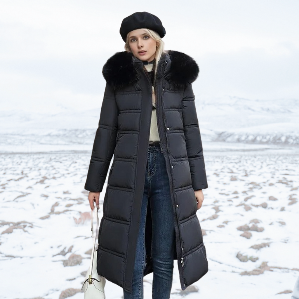 Fatiha - Elegant Long Women's Winter Fur-Trim Coat for the Winter Months - Black
