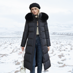Fatiha - Elegant Long Women's Winter Fur-Trim Coat for the Winter Months - Black