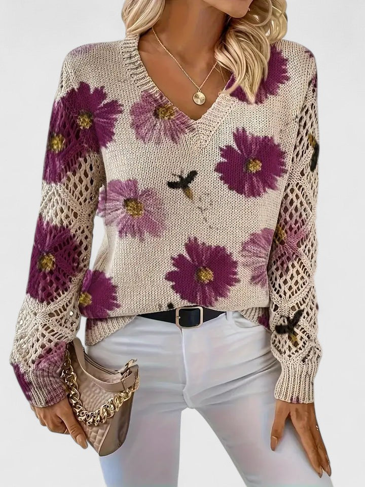 Women's Autumn Blouse with Floral Pattern and V-Neck - Violet