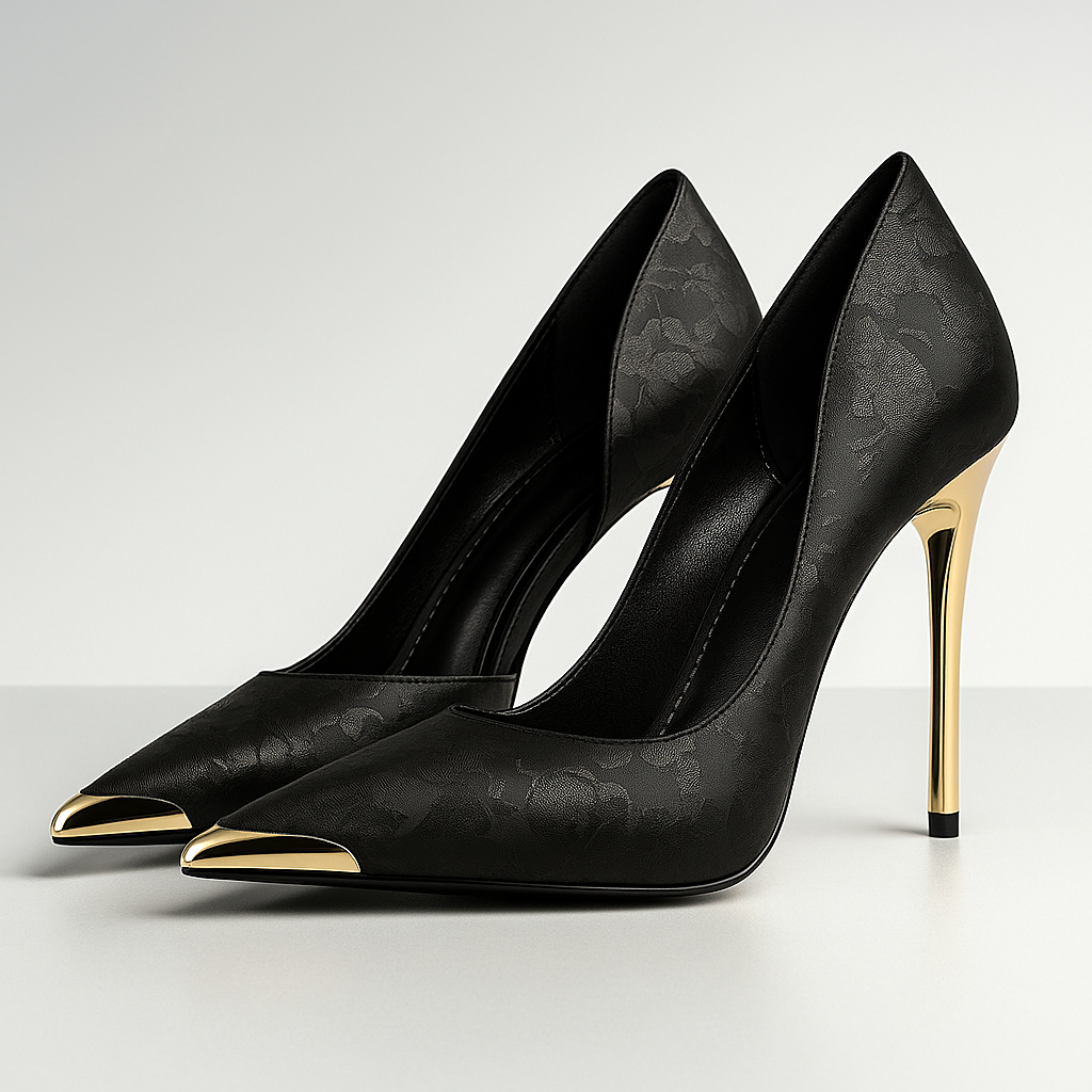 Women's Stiletto Heels, Satin Jacquard, Gold Accent - Black