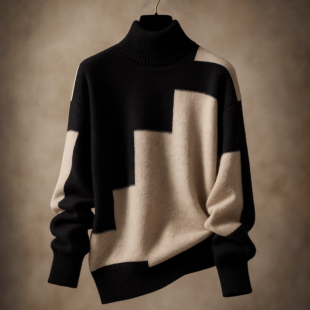 Women's Turtleneck Top with Ribbed Collar and Geometric Motif - Camel