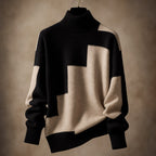 Women's Turtleneck Top with Ribbed Collar and Geometric Motif - Camel