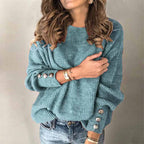 Women's Long-Sleeve Sweater with Button Details on the Sleeves - Light Blue