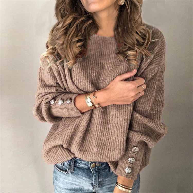 Women's Long-Sleeve Sweater with Button Details on the Sleeves - Beige