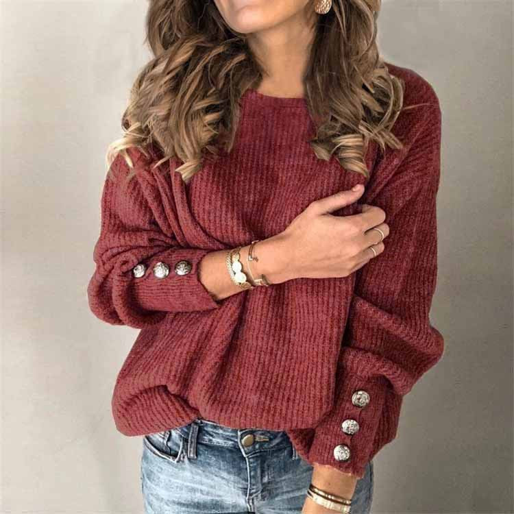 Women's Long-Sleeve Sweater with Button Details on the Sleeves - Red
