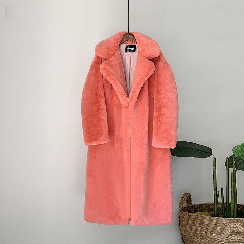 Long Faux Fur Coat in Premium Material – Knee-Length, Straight Silhouette, Ultra-Soft and Winter-Warm - Orange