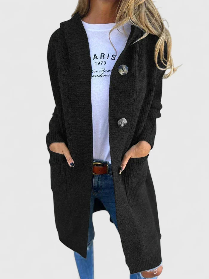 Lange Damen-Strickjacke mit Knopfleiste und tiefen Fronttaschen