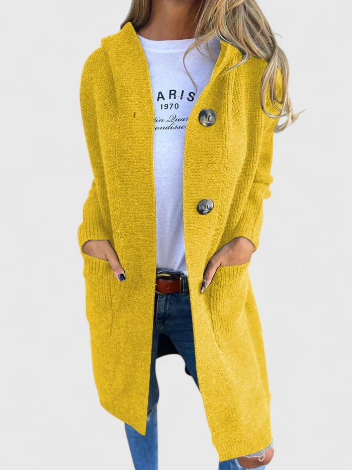 Lange Damen-Strickjacke mit Knopfleiste und tiefen Fronttaschen