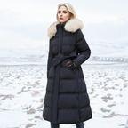 Fatiha - Elegant Long Women's Winter Fur-Trim Coat for the Winter Months - Black with Beige Collar